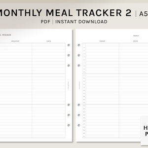 May include: A printable A5 monthly meal tracker with columns for breakfast, lunch, dinner, and snacks. The tracker is designed for use with a planner or journal.