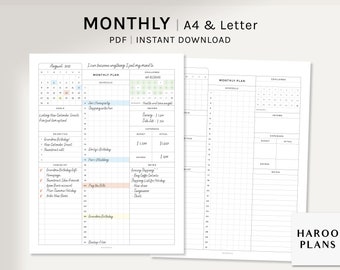 Pode incluir: Um planejador mensal imprimível nos tamanhos A4 e Carta. O planejador inclui seções para objetivos, prioridades, uma lista de verificação, um calendário mensal, uma programação, rendimentos, despesas e notas. O planejador é projetado em um estilo minimalista com um esquema de cores azul claro, rosa e verde.