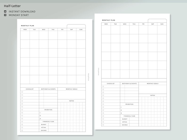 Monthly Overview | Half-letter Size Printable Planner Inserts | MO1P ...