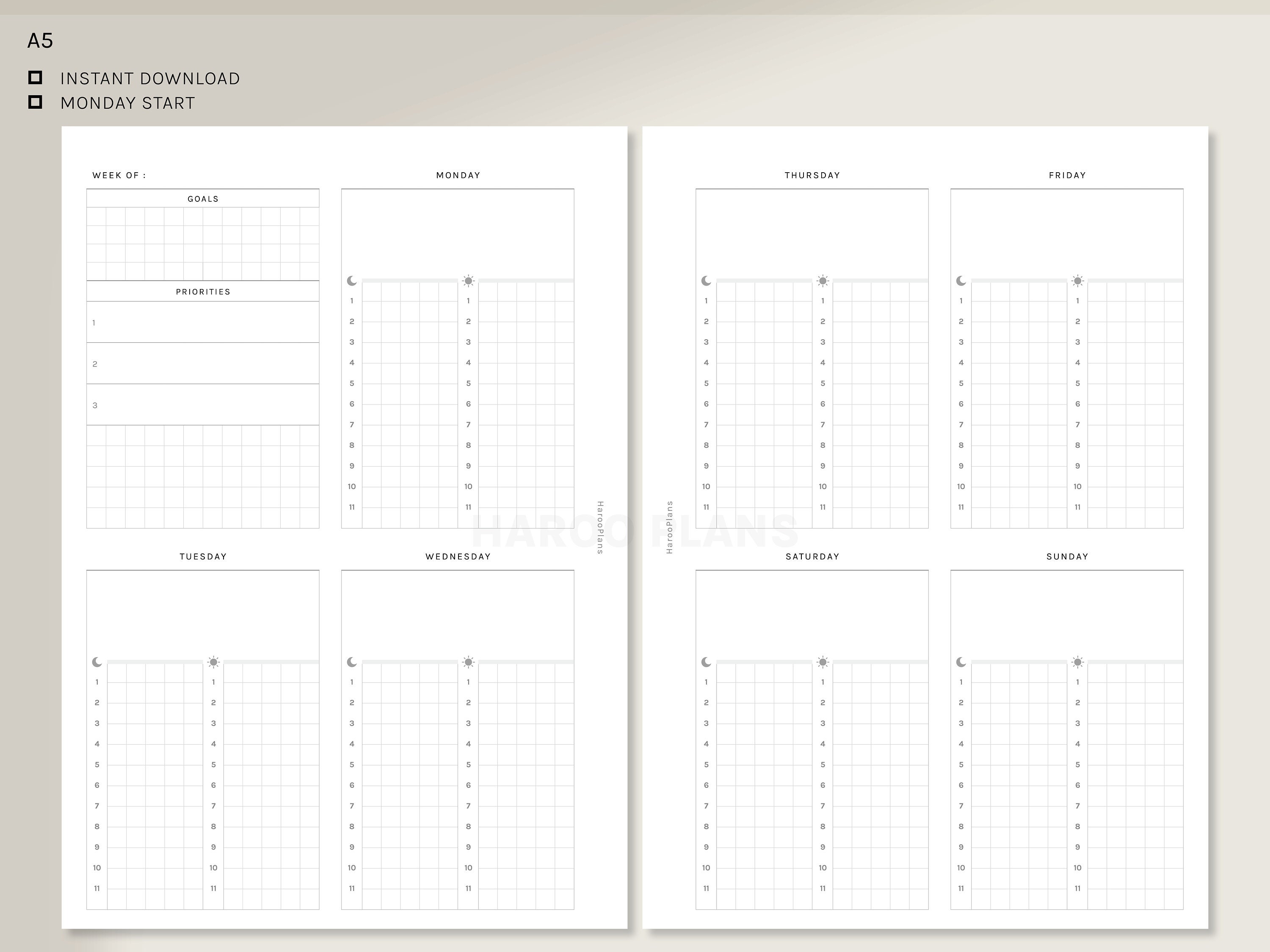 Weekly Planner | A5 Printable Planner Inserts | WO2P Layout Template ...