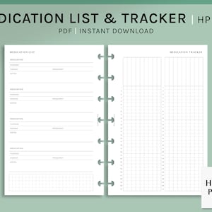 Könnte beinhalten: Eine druckbare Medikamentenliste und -verfolgung für einen Happy Planner Mini. Die linke Seite enthält eine Liste für vier Medikamente mit Platz für Name, Zweck, Dosierung, Notizen und Häufigkeit. Die rechte Seite enthält ein Raster zur Verfolgung der eingenommenen Medikamente.
