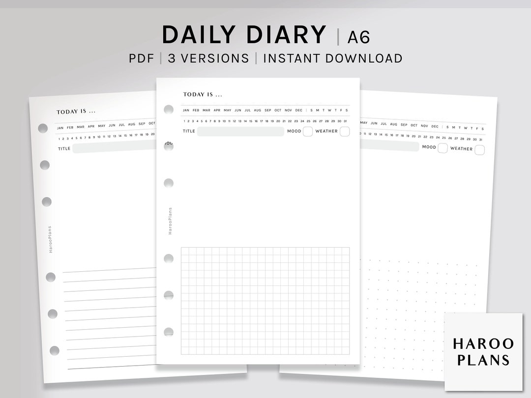 Daily Diary | A6 | Printable Planner Inserts | Blank Notepad | Idea Notes, Doodle Journal, Diary ...