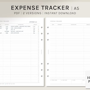 May include: A printable expense tracker in A5 size, with two versions, for budgeting and tracking spending. The image shows a page with a date, category, description, and amount columns. The page is titled "Expense Tracker" and has a header that says "September 2021".