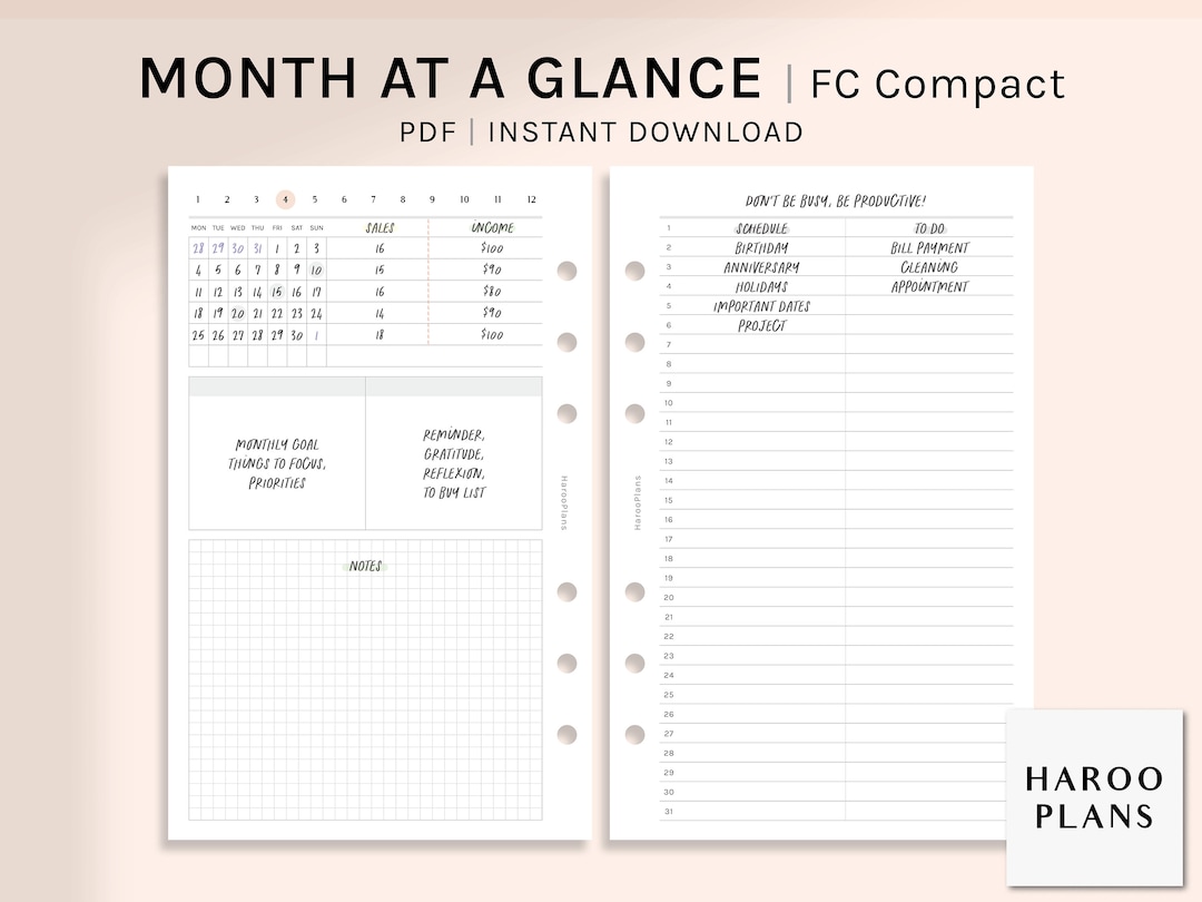 Month at a Glance | FC Compact Size Printable Planner Inserts | Undated ...