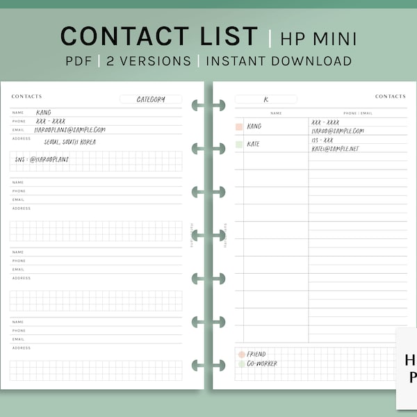 Contact List | HP Mini Printable Happy Planner Inserts | Phone Number Email List Template PDF | Simple Address Book Sheet | Digital Download