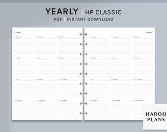 May include: A printable yearly planner for the HP Classic size planner. The planner is divided into 12 months, with each month having its own column. The planner is designed to be used with a disc-bound planner system.