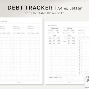 Rastreador de deudas / Planificador imprimible tamaño A4, carta de EE. UU. / Plantilla de bola de nieve de préstamos / Diario de finanzas / Registro de pago de deudas en formato PDF / Descarga digital
