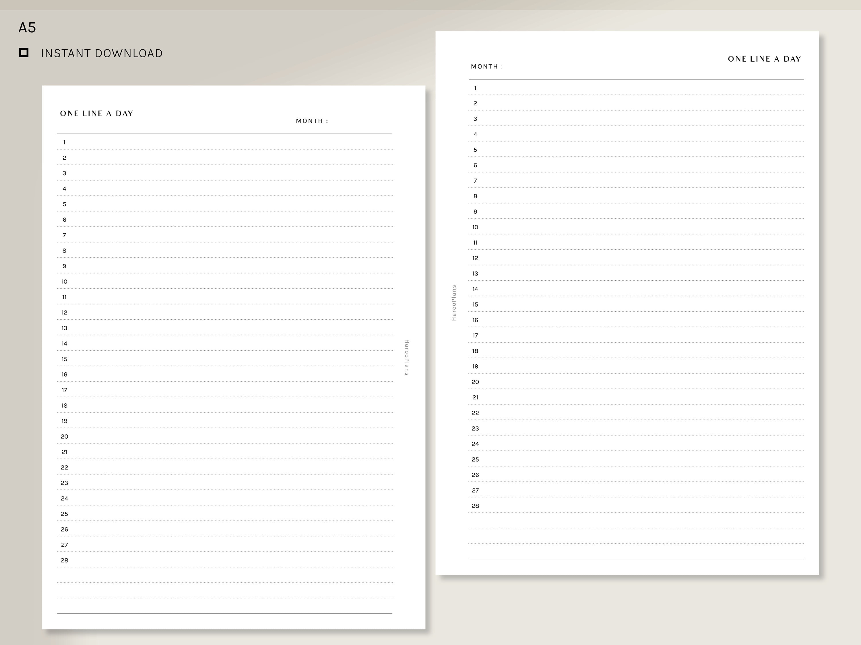 One Line A Day | A5 Printable Planner Inserts | Daily Diary Template ...