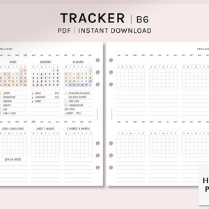 Puede incluir: Un tracker imprimible de tamaño B6 con cuadrículas de calendario mensuales, rastreadores de hábitos y rastreadores de objetivos. El tracker está diseñado para usarse con un planificador de encuadernación en disco.