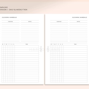 May include: A printable cleaning schedule planner with sections for daily, weekly, and notes. The planner has a grid for marking tasks and a section for listing tasks.