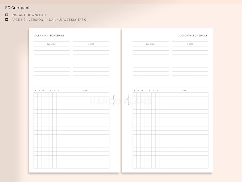 May include: A printable cleaning schedule planner with sections for daily, weekly, and notes. The planner has a grid for marking tasks and a section for listing tasks.