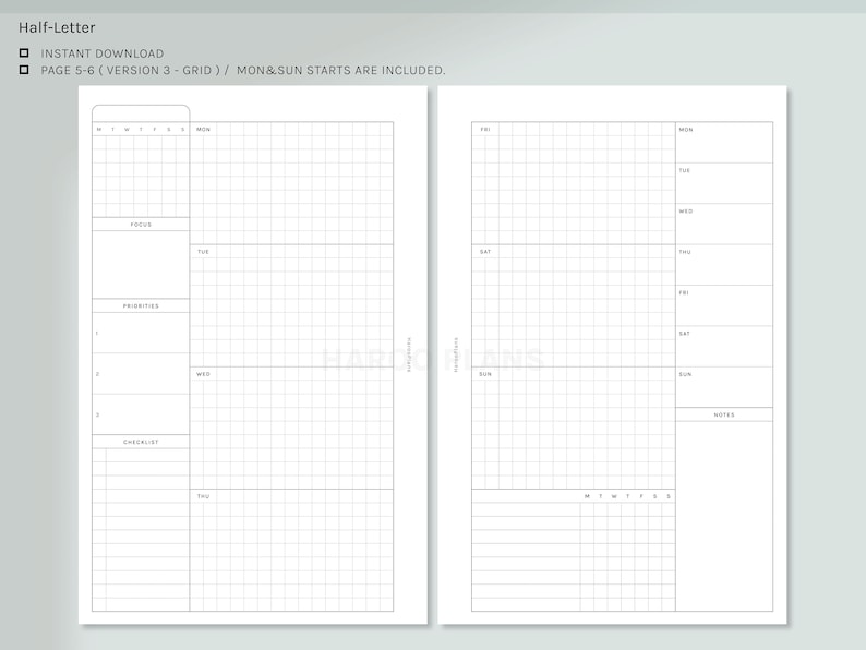 Undated Weekly | Half-letter Printable Planner Inserts | WO2P Schedule ...