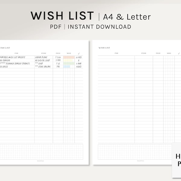 Wish List | A4, US Letter Printable Planner Inserts | Wishlist Template | Shopping Tracker | Things To Buy List Worksheet | Digital Download