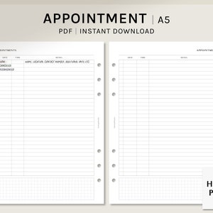Può includere: Un planner PDF stampabile di formato A5 con due pagine per gli appuntamenti. La pagina sinistra ha una sezione per la data, l'ora e i dettagli. La pagina destra ha una sezione per la data, l'ora e i dettagli. La parte inferiore di ogni pagina ha un motivo a griglia.