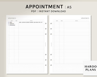 Appointment Tracker Sheet | A5 Printable Planner Inserts | Simple Schedule Template | Appointment List PDF | Meeting Log | Digital Download