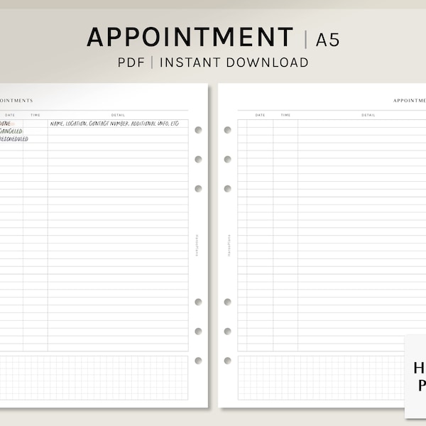Appointment Tracker Sheet | A5 Printable Planner Inserts | Simple Schedule Template | Appointment List PDF | Meeting Log | Digital Download