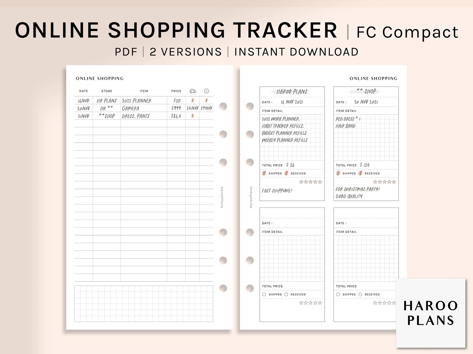 Online Shopping Tracker | FC Compact Printable Planner Inserts | Order ...