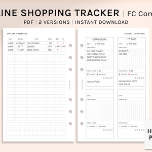 Puede incluir: Un rastreador de compras en línea imprimible en formato PDF. El planificador presenta dos versiones con secciones para la fecha, la tienda, el artículo y el precio. Incluye una sección para los detalles del artículo, el precio total y un sistema de calificación.