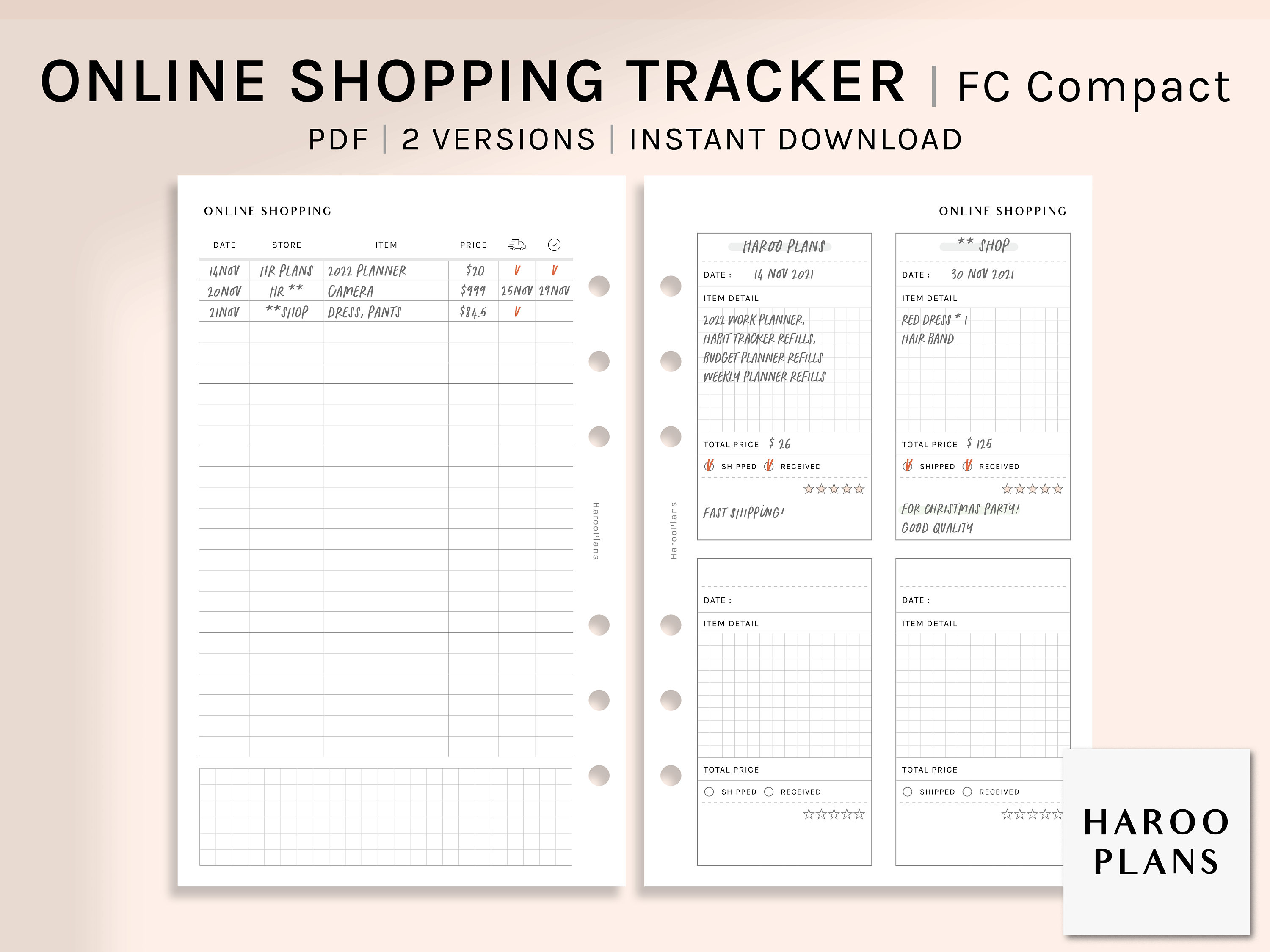 Online Shopping Tracker | FC Compact Printable Planner Inserts | Order ...