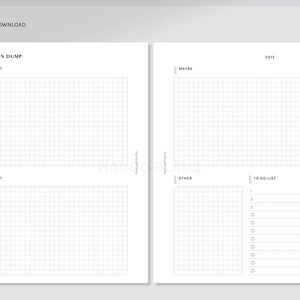 May include: A printable A6 planner page with a grid layout. The page is divided into sections labeled "Brain Dump", "Must", "Want", "Maybe", "Date", "Other", and "To Do List".