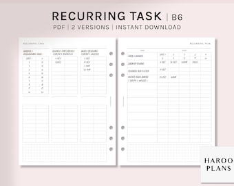 Journal des tâches récurrentes | B6 Anneaux Planificateur imprimable Inserts | Modèle de suivi des tâches ménagères | Quand ai-je | pour la dernière fois Bullet Journal PDF | Téléchargement numérique