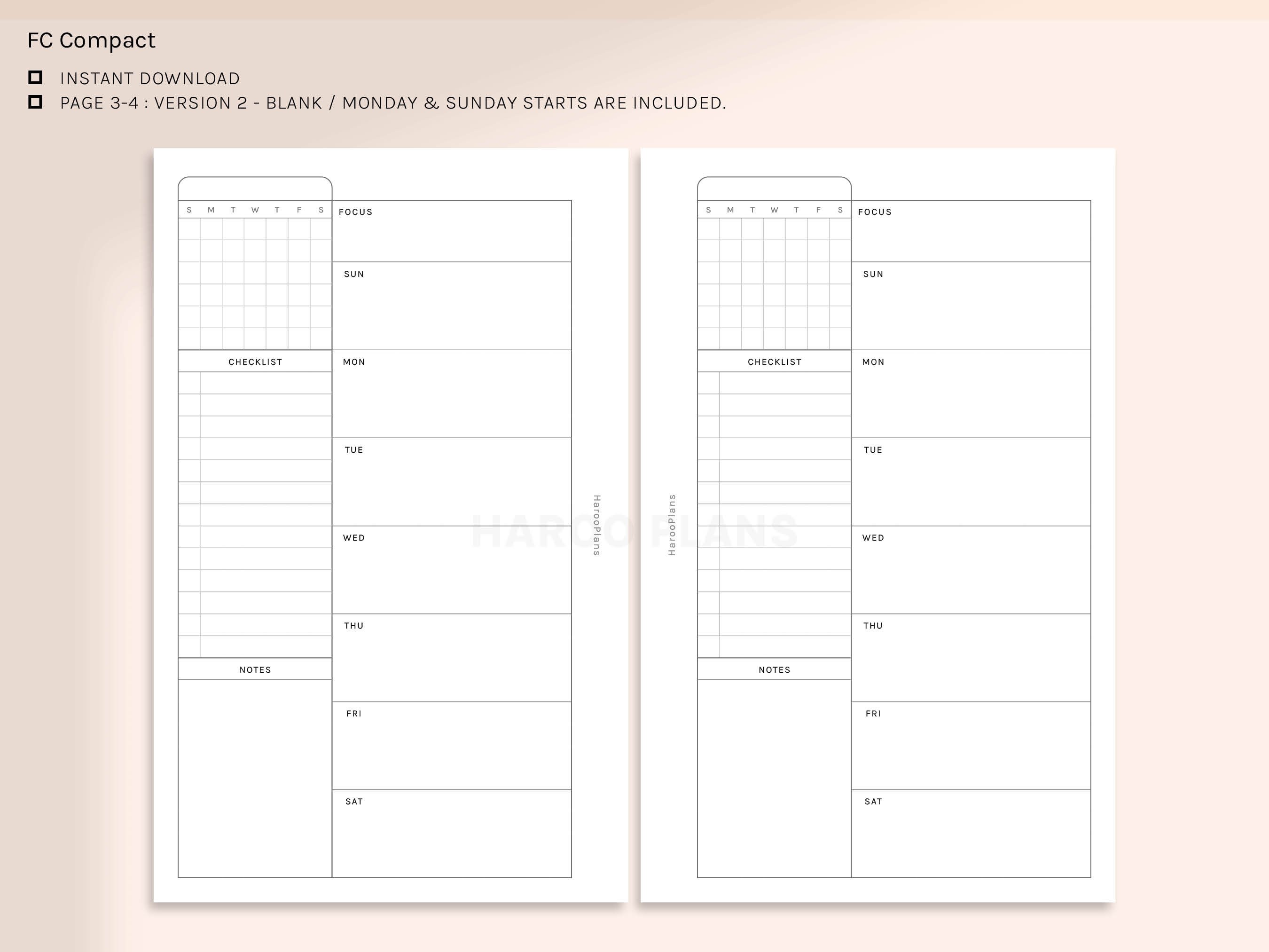 Undated Weekly Planner | FC Compact Printable Inserts | WO1P Layout ...