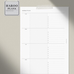 May include: A weekly planner page with a grid layout for each day of the week, Sunday through Wednesday. The page is titled "Weekly Plan" and has a simple, minimalist design.