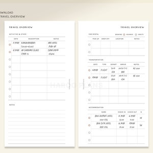 Op de afbeelding: Een zwart-witte printbare reisplanner met secties voor activiteiten, vervoer en accommodatie. De planner bevat data, beschrijvingen, notities en incheck- en uitchecktijden.