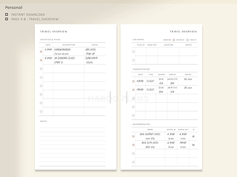 Op de afbeelding: Een zwart-witte printbare reisplanner met secties voor activiteiten, vervoer en accommodatie. De planner bevat data, beschrijvingen, notities en incheck- en uitchecktijden.