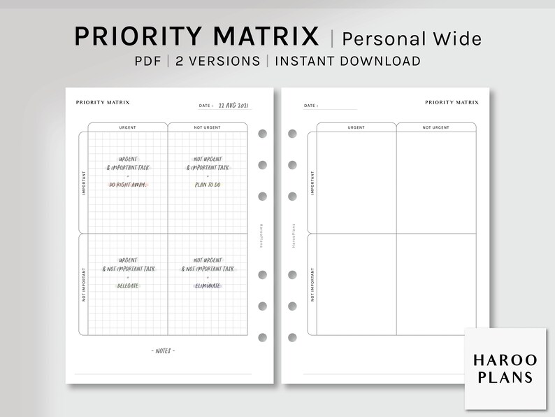 Priority Matrix | Personal Wide Printable Planner Inserts | Urgent ...