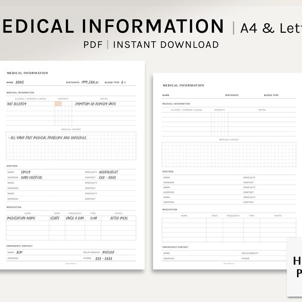 Medical Information | A4, US Letter Printable Planner Inserts | Health Info Worksheet | Doctor List | Medication Log PDF | Digital Download