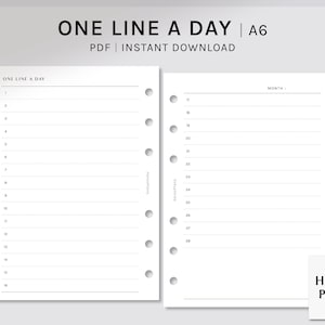 May include: A printable A6 size planner page with the text "One Line A Day" and "Month:" at the top of the page. The page is divided into two columns, with the left column numbered 1-16 and the right column numbered 0-28.