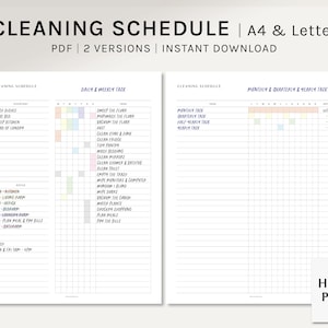 Programa de limpieza / Planificador imprimible en formato A4, tamaño carta de EE. UU. / Plantilla de rutina de limpieza / Lista de tareas de tareas del hogar / Descarga digital