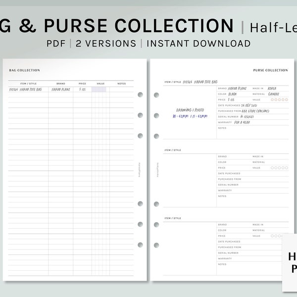 Bag & Purse Collection | Half-Letter Printable Planner Inserts | Handbag List template | Wallet Collecting Worksheet PDF | Digital Download