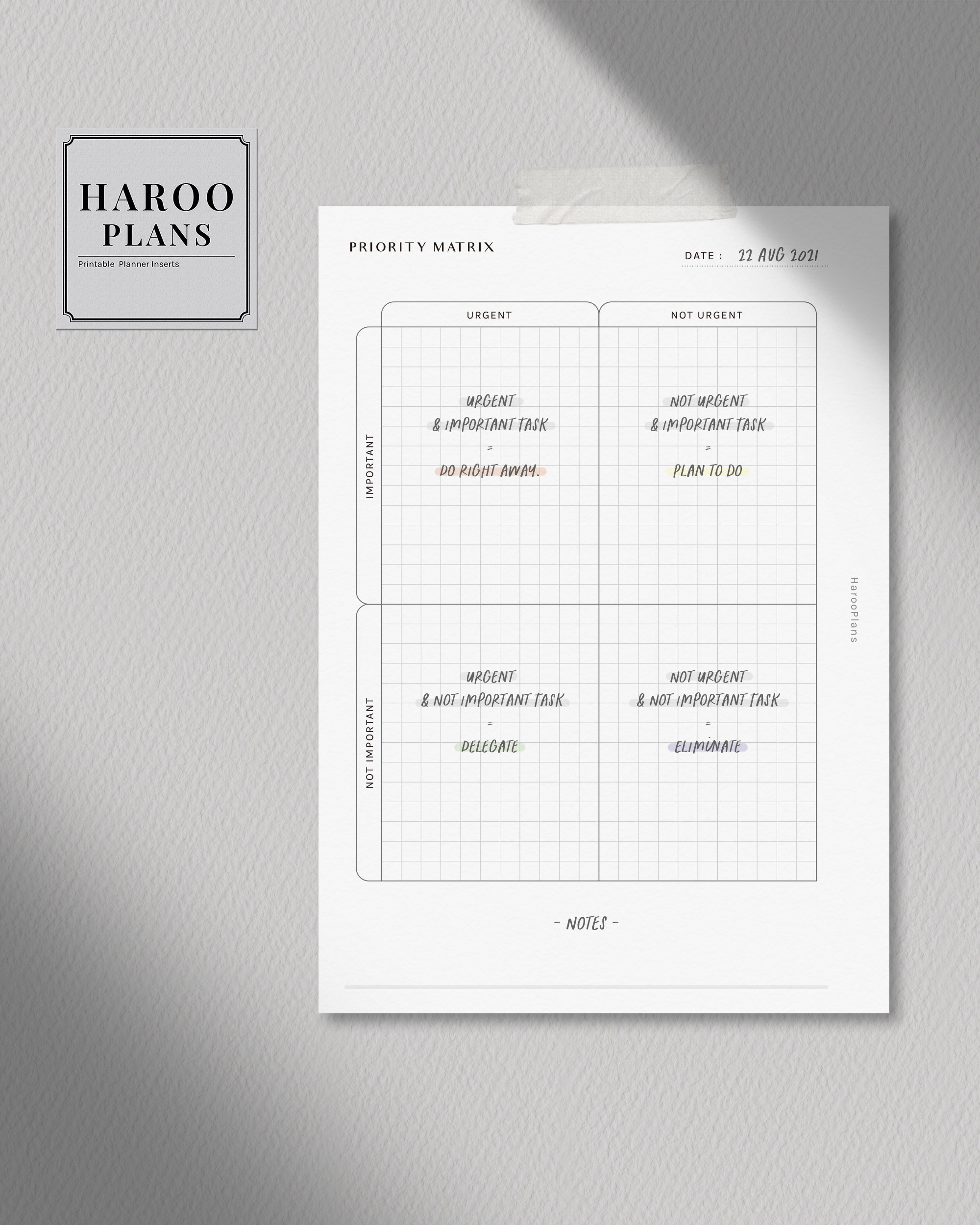 Priority Matrix | Personal Wide Printable Planner Inserts | Urgent ...