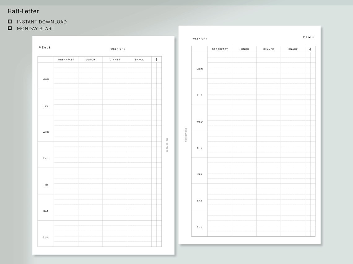Weekly Meal Tracker Half-letter Printable Planner Inserts - Etsy