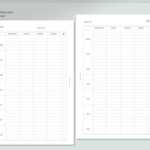 May include: A printable meal planner with a blank grid for writing in meals for each day of the week. The planner is divided into sections for breakfast, lunch, dinner, and snack. The planner is labeled "Week of" and "Meals".