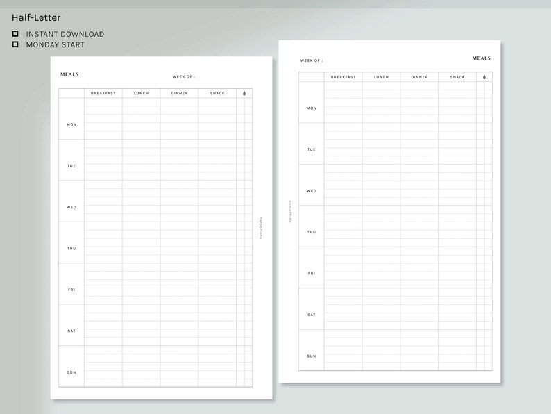 May include: A printable meal planner with a blank grid for writing in meals for each day of the week. The planner is divided into sections for breakfast, lunch, dinner, and snack. The planner is labeled "Week of" and "Meals".