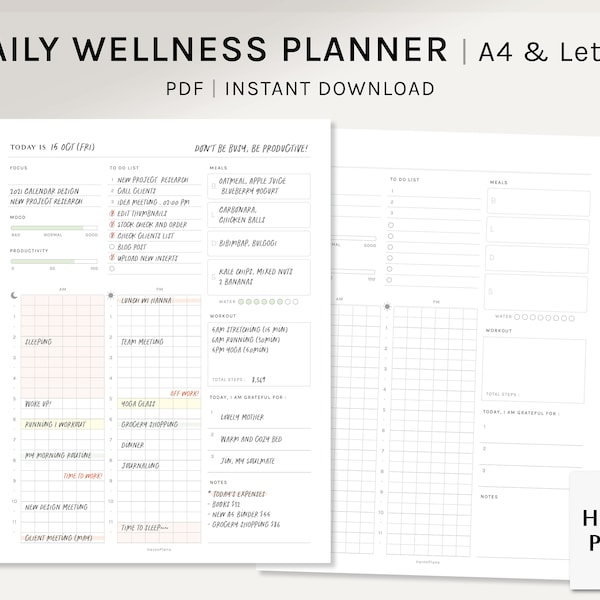 Dagelijkse Wellness Planner | A4, US Letter Afdrukbare Inserts | | Self Care Routine Journal Sjabloon PDF | Digitale download