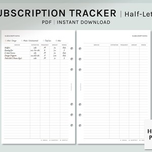 Subscription Tracker | Half-Letter Printable Planner Inserts | Membership Service List Template | Expense Log Worksheet | Digital Download