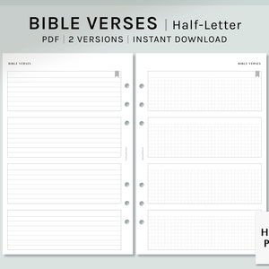 May include: Printable Bible verse planner pages in half-letter size. The pages are designed for use in a disc-bound planner. The left side of the page has lined paper and the right side has grid paper. The text "BIBLE VERSES" is at the top of each page.