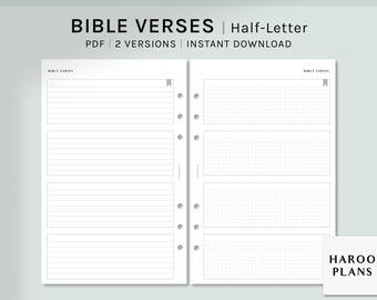 May include: Printable Bible verse planner pages in half-letter size. The pages are designed for use in a disc-bound planner. The left side of the page has lined paper and the right side has grid paper. The text "BIBLE VERSES" is at the top of each page.