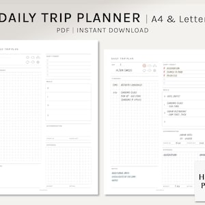 Plano de viagem diário | A4, inserções de planejador para impressão em carta dos EUA | Modelo de Itinerário de Férias | Orçamento de viagem | Programação do dia | Download digital