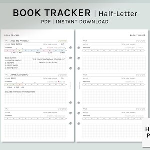 May include: A printable book tracker template in half-letter size. The template has a grid for tracking reading progress, with columns for title, author, total page number, pages completed, and date. The template also includes space for notes and a quote.