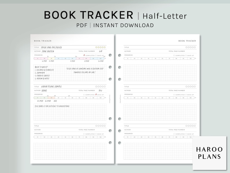 May include: A printable book tracker template in half-letter size. The template has a grid for tracking reading progress, with columns for title, author, total page number, pages completed, and date. The template also includes space for notes and a quote.