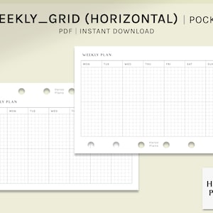 Puede incluir: Dos páginas de planificador semanal imprimibles con un diseño de cuadrícula. Las páginas están diseñadas para un planificador de bolsillo y presentan el texto "Weekly Plan" en la parte superior. Las páginas están en blanco y listas para ser completadas con citas, tareas y notas.