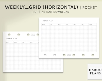 Agenda hebdomadaire | Insertions imprimables au format de poche | Modèle d'organisateur PDF non daté | Disposition en grille horizontale | Feuille de travail WO1P | Téléchargement numérique