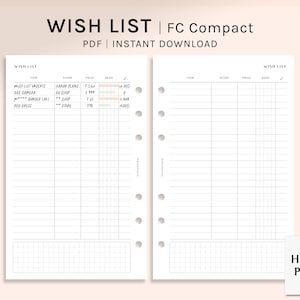 Wunschliste | FC kompakte druckbare Planer Einsätze | Wunschliste Vorlage | Einfacher Shopping Tracker | Dinge zu kaufen Datenblatt PDF | Digitaler Download