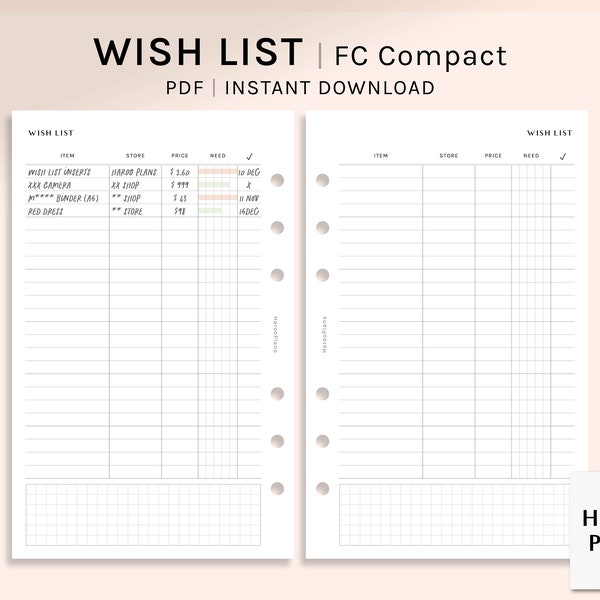 Wish List | FC Compact Printable Planner Inserts | Wishlist Template | Simple Shopping Tracker | Things To Buy Sheet PDF | Digital Download