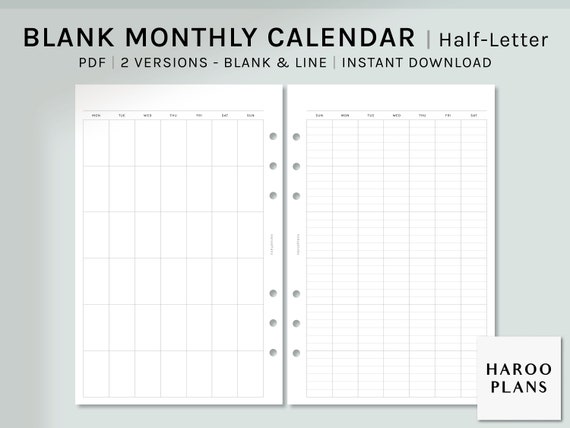 Undated Monthly Calendar Half-letter Printable Planner - Etsy